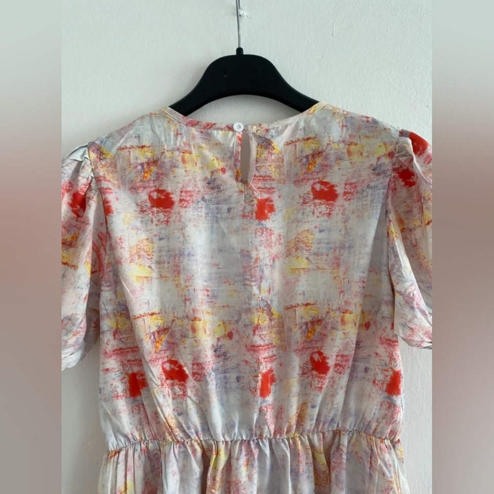 Abstract Floral Print Puff Sleeve Dress - White with Coral & Yellow - Picture 3 of 6